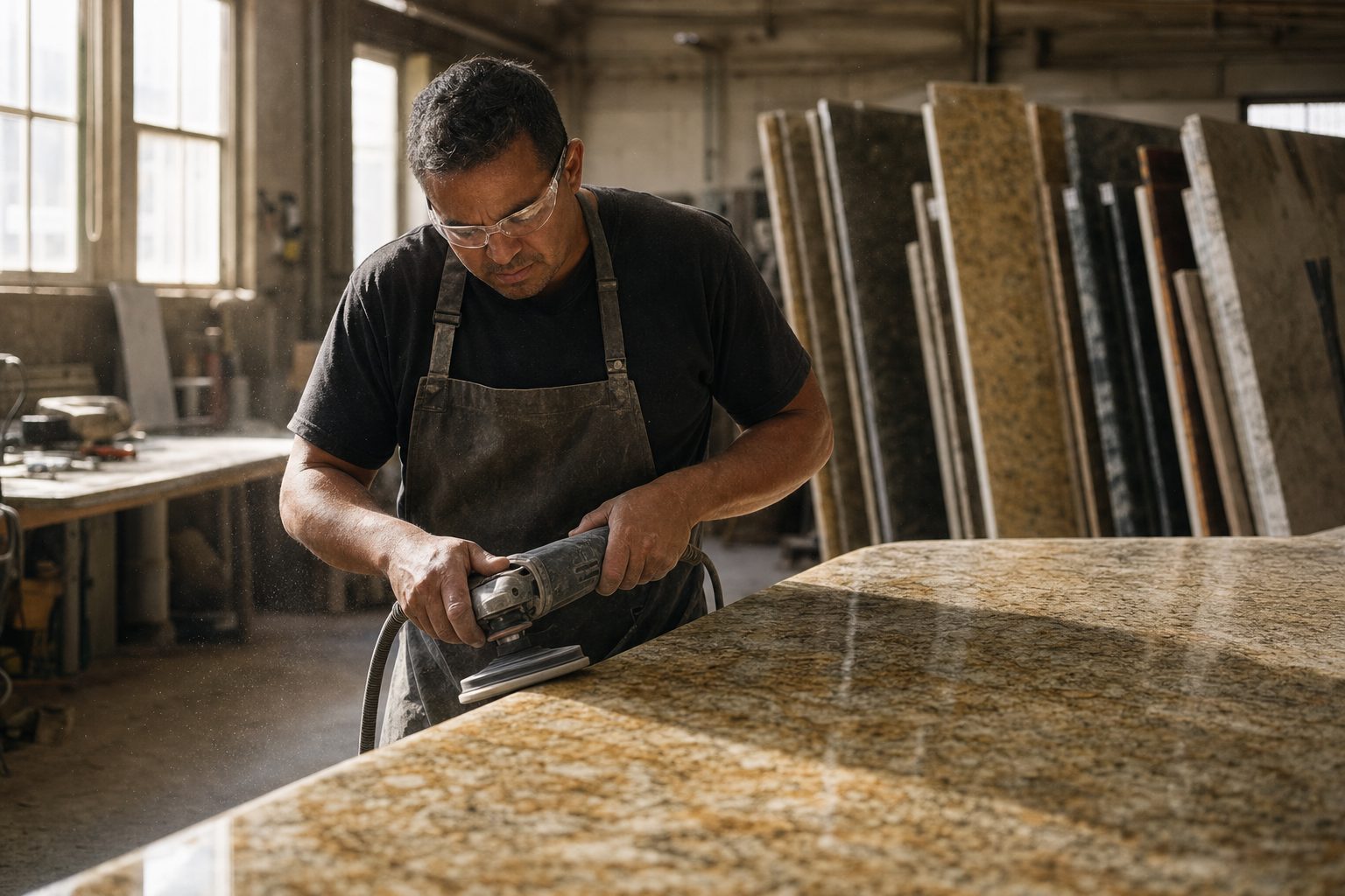 Southeastern Granite Co craftsman polishing the edge of a granite countertop slab in the fabrication workshop