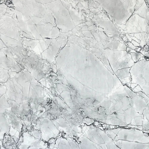 Super White dolomite slab close-up, white stone with dramatic grey veining