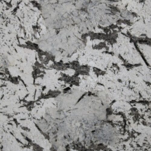 Alaska White granite slab close-up, white and grey stone with dark veining