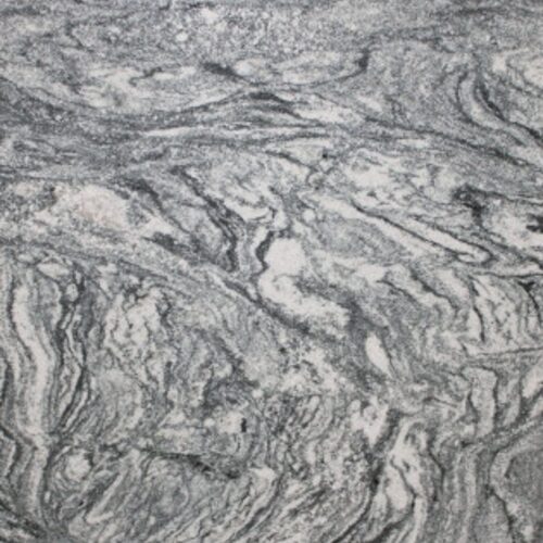 Viscont White granite slab close-up, grey and white stone with dramatic flowing veining