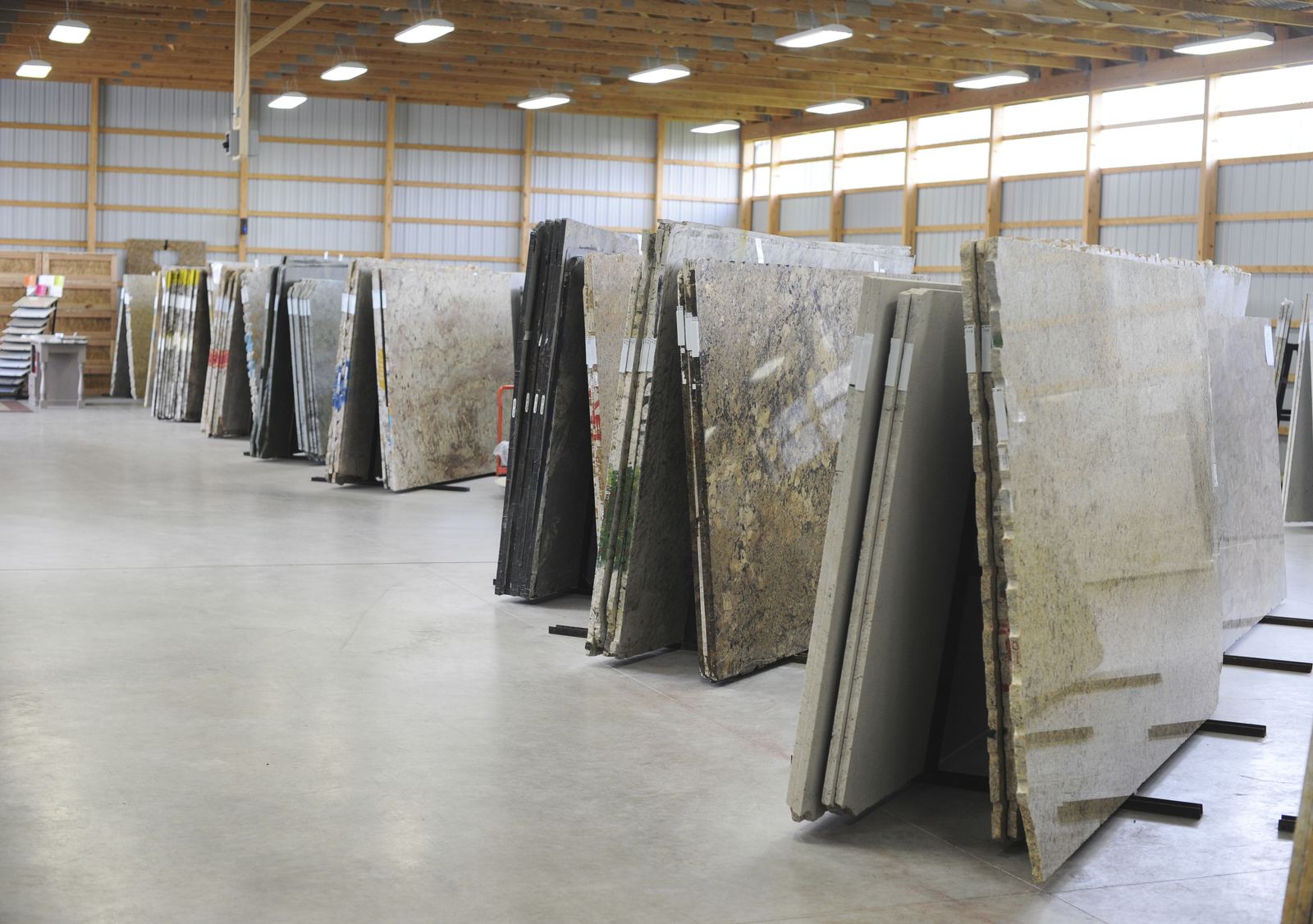 Granite and quartz slabs on display at the Southeastern Granite Co showroom