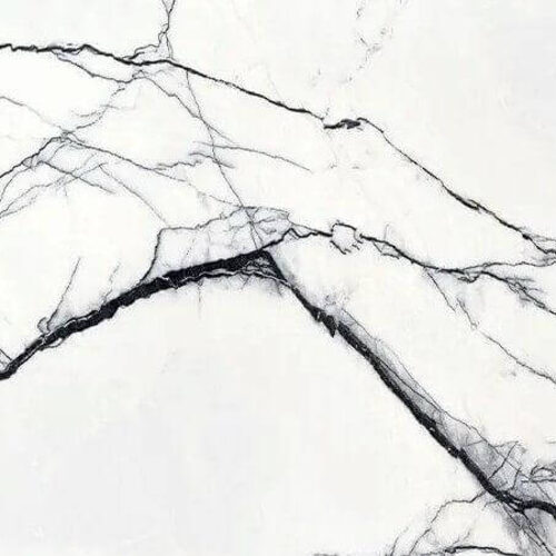 Breccia Bianca porcelain slab close-up, white surface with bold black veining