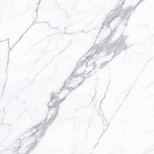 Statuario White porcelain slab close-up, white surface with soft grey veining