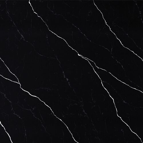 Nero Marquina quartz slab close-up, solid black stone with white veining