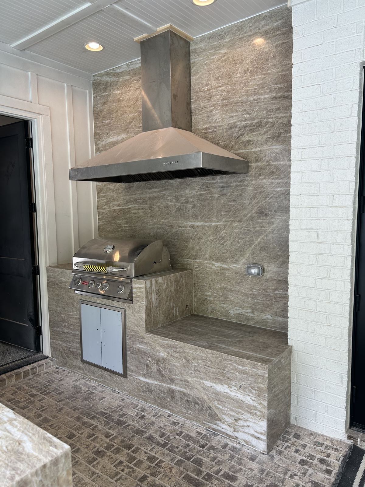 Taj Mahal Leathered quartzite countertop detail from a completed project in Suwanee, GA